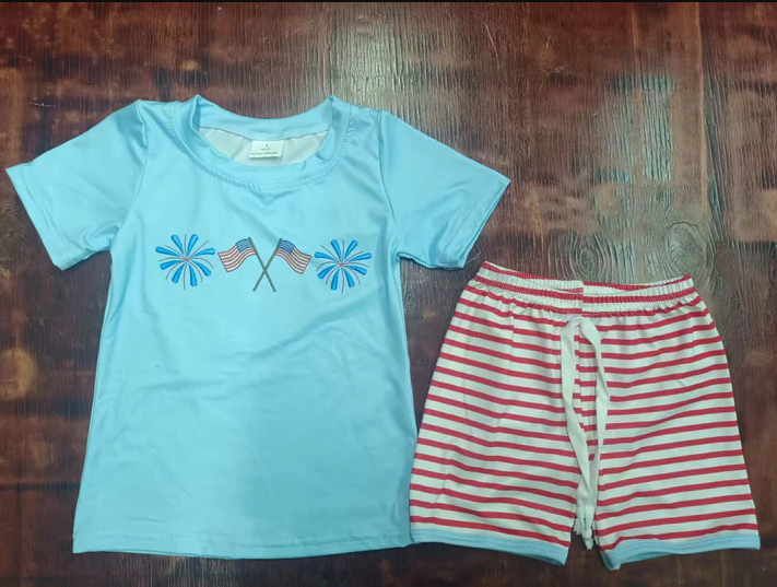 4.21 Preorder moq 5 Baby Boys Blue Short Sleeves Flags Firework Top Red Stripe Short 4th Of July Set