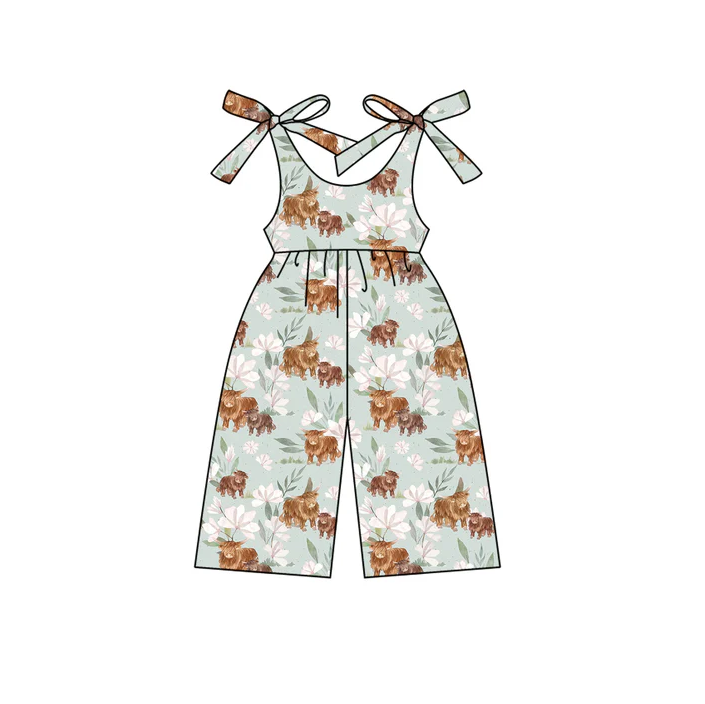 4.22 Preorder moq 5 Baby Girls Blue Sleeveless Highland Cows Flowers Jumpsuits