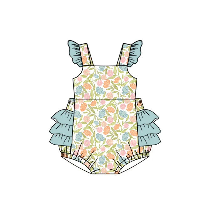 4.22 Preorder moq 5 Baby Girls Blue Flutter Sleeves Floral Bubble Ruffle Rompers