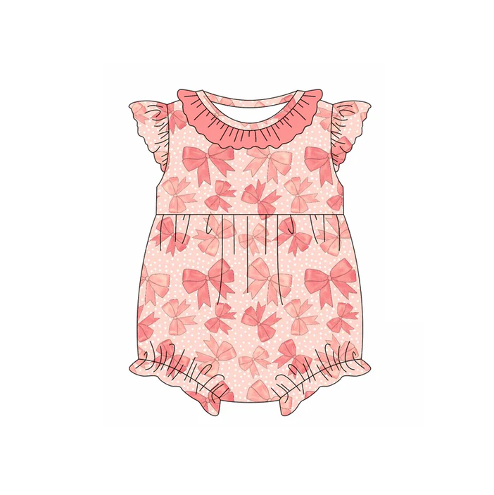 4.22 Preorder moq 5 Baby Girls Pink Flutter Sleeves Bows Polka Dots Ruffle Rompers