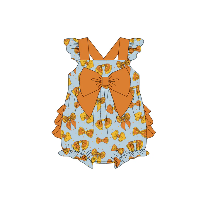 4.22 Preorder moq 5 Baby Girls Flutter Sleeves Orange Bows Bubble Ruffle Rompers