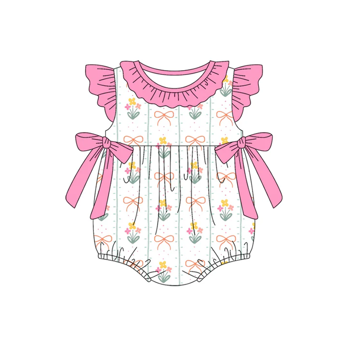4.22 Preorder moq 5 Baby Girls Pink Flutter Sleeves Flowers Bows Ruffle Rompers