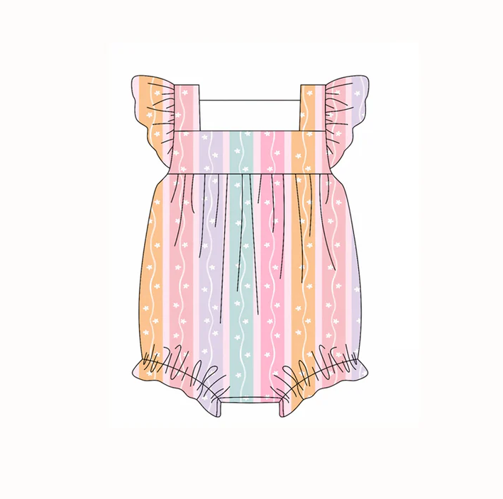 4.22 Preorder moq 5 Baby Girls Flutter Sleeves Rainbow Stripe Stars Ruffle Rompers