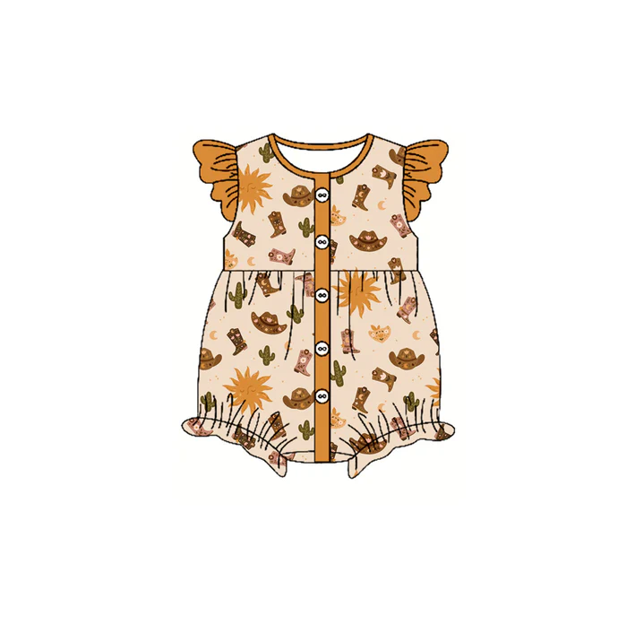 4.22 Preorder moq 5 Baby Girls Khaki Flutter Sleeves Button Cactus Boots Ruffle Rompers