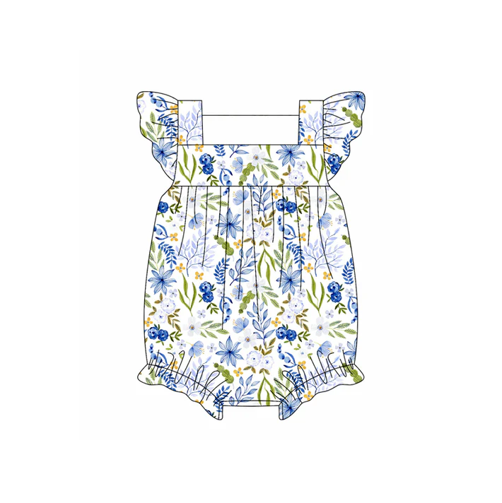 4.22 Preorder moq 5 Baby Girls Flutter Sleeves Blue Floral Ruffle Rompers