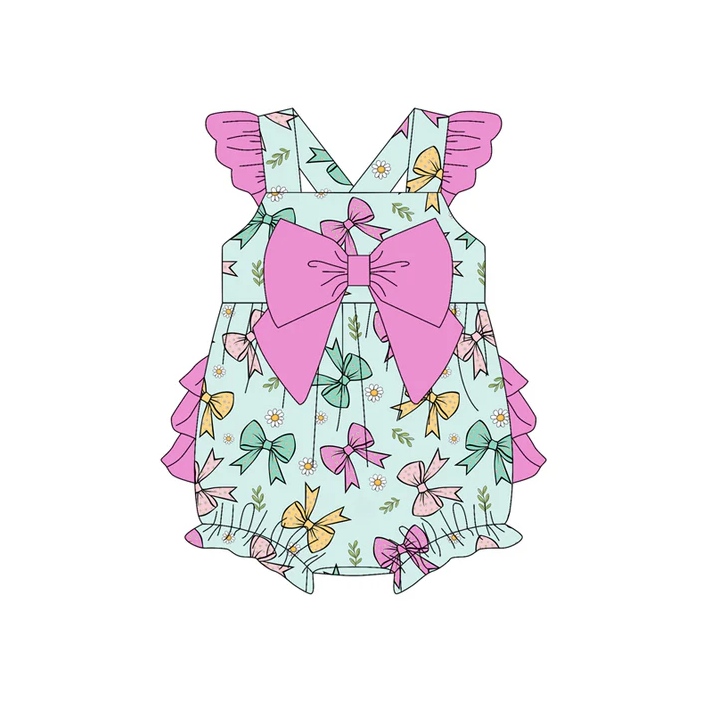 4.22 Preorder moq 5 Baby Girls Hot Pink Flutter Sleeves Colorful Bows Ruffle Rompers