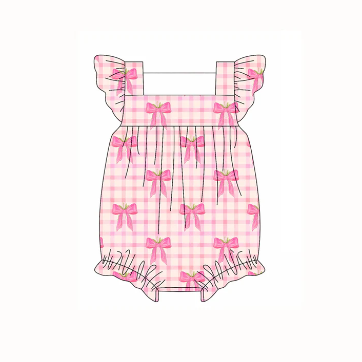 4.22 Preorder moq 5 Baby Girls Flutter Sleeves Pink Plaid Bows Ruffle Rompers