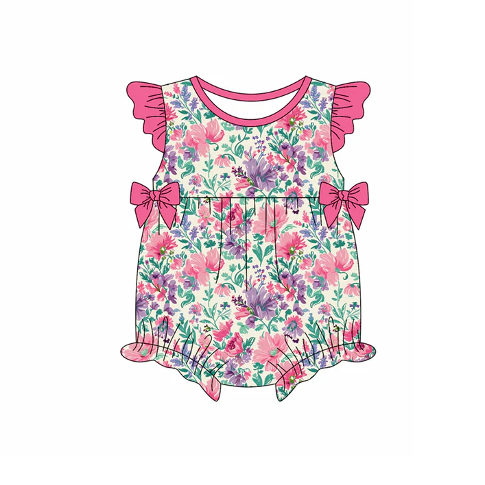 4.22 Preorder moq 5 Baby Girls Pink Flutter Sleeves Bows Colorful Floral Ruffle Rompers