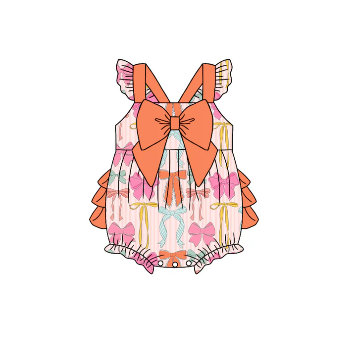 4.22 Preorder moq 5 Baby Girls Flutter Sleeves Colorful Bows Ruffle Rompers