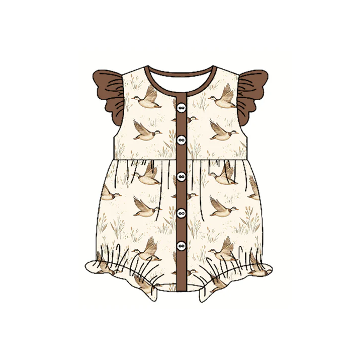 4.23 Preorder moq 5 Baby Girls Brown Flutter Sleeves Button Ducks Ruffle Rompers