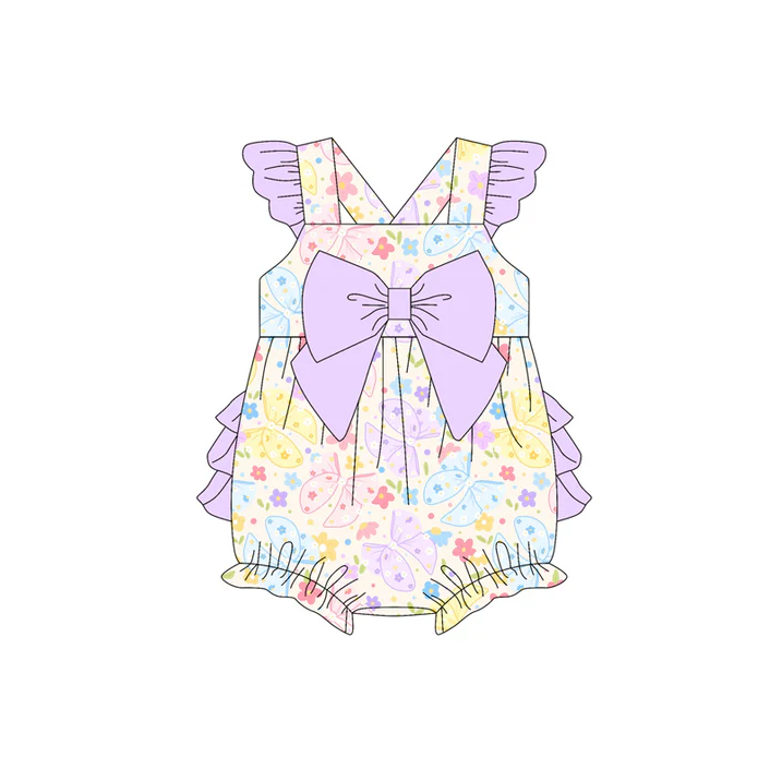 4.23 Preorder moq 5 Baby Girls Lavender Flutter Sleeves Colorful Butterfly Floral Bubble Ruffle Rompers