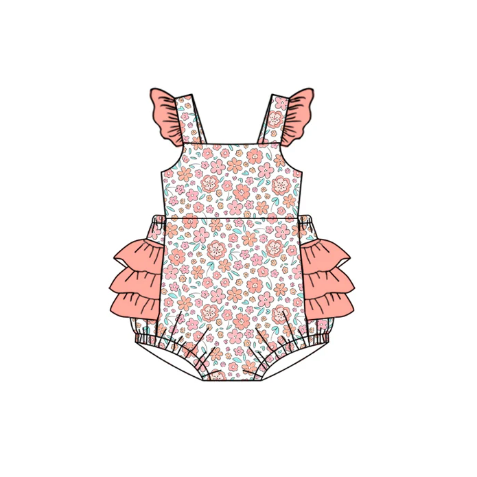 4.23 Preorder moq 5 Baby Girls Pink Flutter Sleeves Floral Bubble Ruffle Rompers