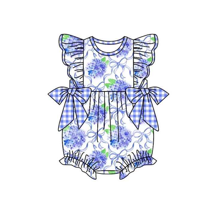 4.23 Preorder moq 5 Baby Girls Flutter Sleeves Purple Plaid Bows Floral Ruffle Rompers