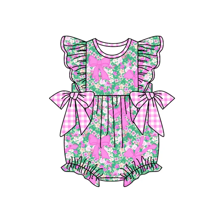 4.23 Preorder moq 5 Baby Girls Flutter Sleeves Pink Plaid Bows Floral Ruffle Rompers
