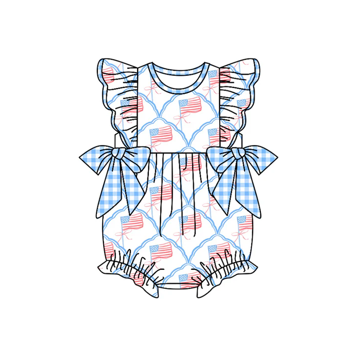 4.23 Preorder moq 5 Baby Girls Flutter Sleeves Blue Plaid Bows Flags 4th Of July Ruffle Rompers