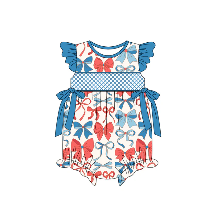 4.23 Preorder moq 5 Baby Girls Flutter Sleeves Blue Red Bows 4th Of July Ruffle Rompers