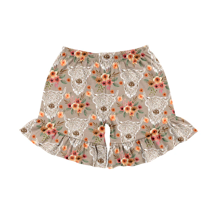4.23 Preorder moq 5 Baby Girls Highland Cow Flowers Western sports shorts