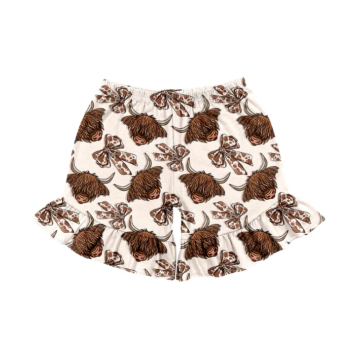 4.23 Preorder moq 5 Baby Girls Highland Cow Bows Western sports shorts