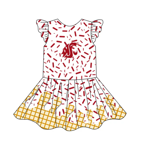 4.24 Preorder (moq 5)Baby Girls Team Ice Cream Drips Red Knee Length Dresses