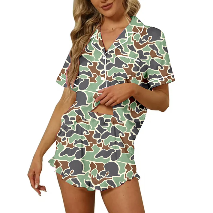 4.24 Preorder moq 5 Adult Women Green Camouflage Button Pocket Top Short Pajamas