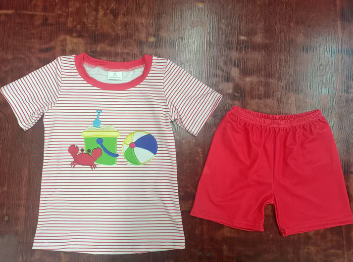 4.25 Preorder moq 5 Baby Boys Red Stripe Short Sleeves Crabs Beach Top Short Set