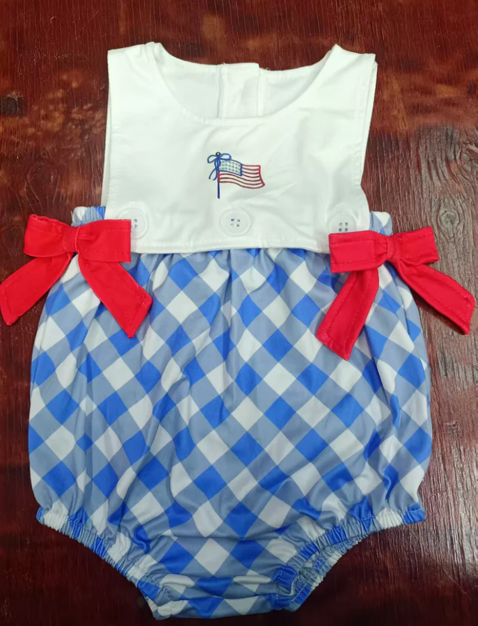 4.25 Preorder moq 5 Baby Girls Sleeveless Blue Plaid Flag 4th Of July Ruffle Rompers