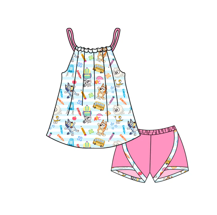 4.25 Preorder moq 5 Baby Girls Pink Strap Cartoon Dogs Pencils Tunic Short Back School Set