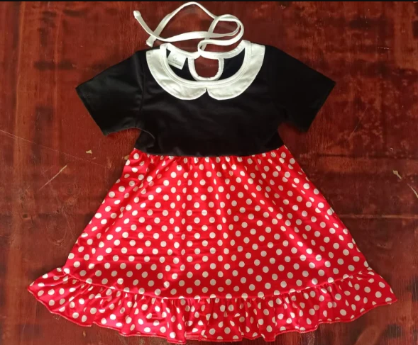 4.26 Preorder moq 5 Baby Girls Black Short Sleeves Red Polka Dots Knee Length Dress
