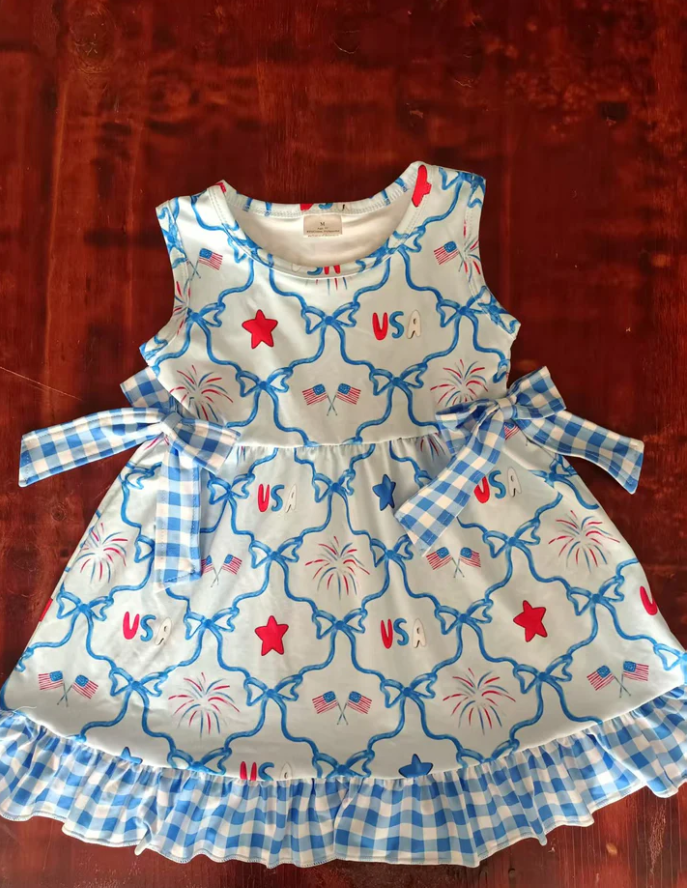 4.26 Preorder moq 5 Baby Girls Sleeveless Blue Red Bows Flags Stars 4th Of July Knee Length Dress