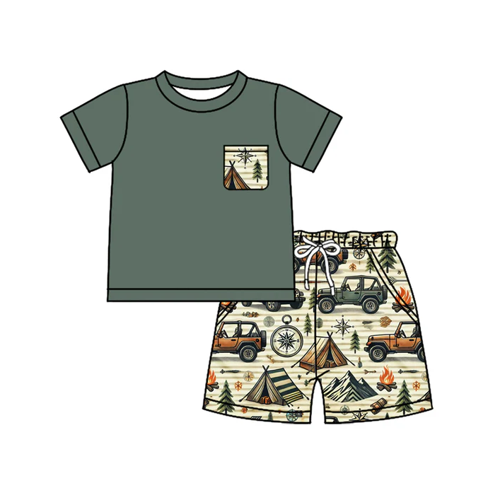 4.26Preorder moq 5 Baby Boys Dark Green Short Sleeves Pocket Top Trucks Mountains Short Set