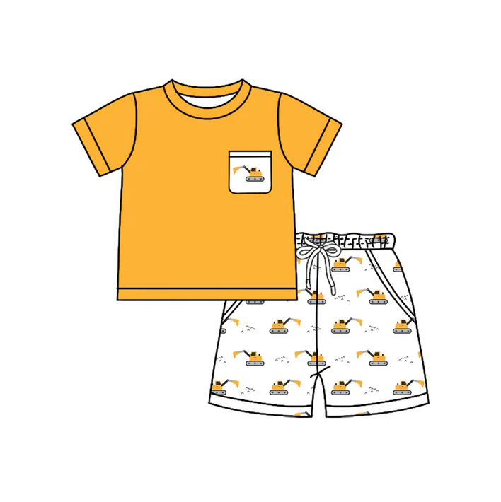 4.26 Preorder moq 5 Baby Boys Yellow Short Sleeves Pocket Top Excavators Short Set