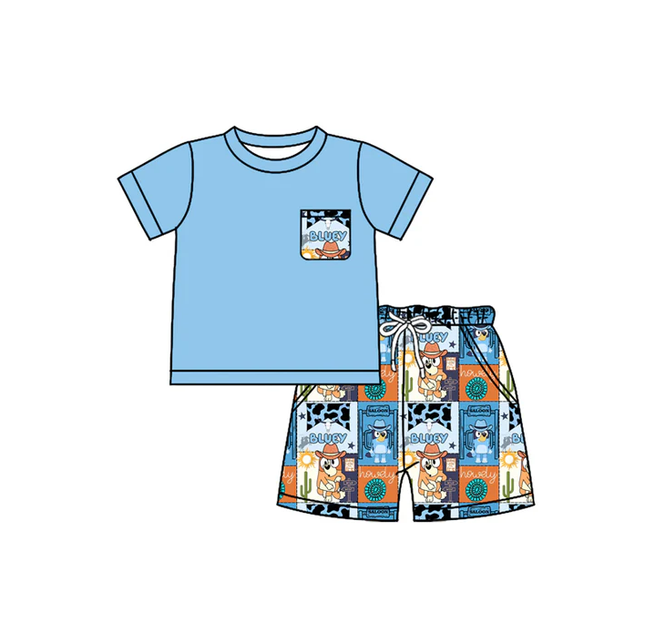 4.26 Preorder moq 5 Baby Boys Blue Short Sleeves Pocket Top Cartoon Dogs Cactus Short Set