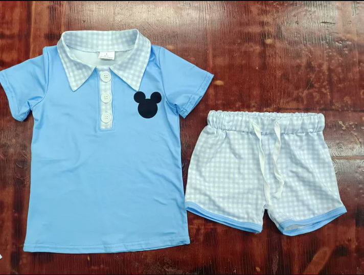 4.28 Preorder moq 5 Baby Boys Light Blue Cartoon Mouse Button Top Plaid Short Set