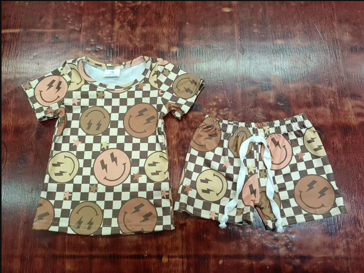 4.28 Preorder moq 5 Baby Boys Short Sleeves Khaki Plaid Smiles Top Short Pajamas Set