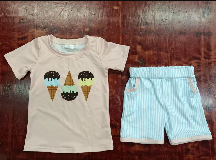 4.28 Preorder moq 5 Baby Girls Peach Short Sleeves Ice Cream Top Blue Plaid Pockets Short Set