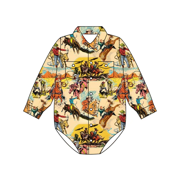 4.28 Preorder moq 5 Baby Boys Long Sleeves Horse Rodeos Button Pockets Rompers