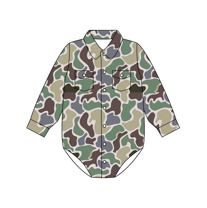 4.28 Preorder moq 5 Baby Boys Long Sleeves Green Brown Camo Button Pockets Rompers