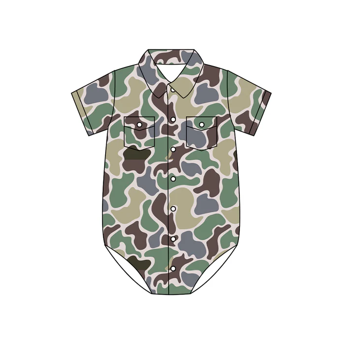4.28 Preorder moq 5 Baby Boys Short Sleeves Green Brown Camo Button Pockets Rompers