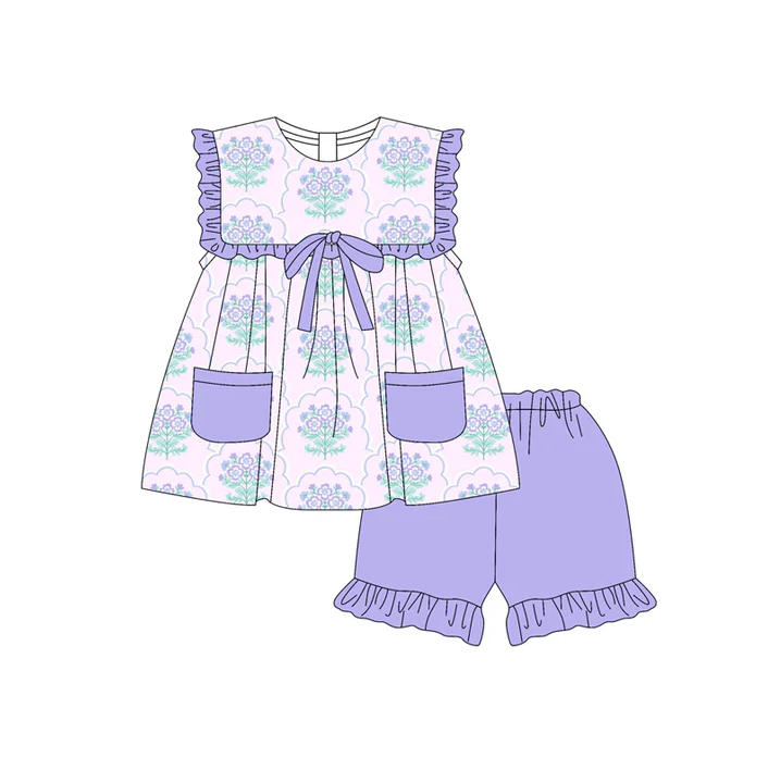 4.29 Preorder moq 5 Baby Girls Sleeveless Purple Floral Pockets Tunic Ruffle Short Set
