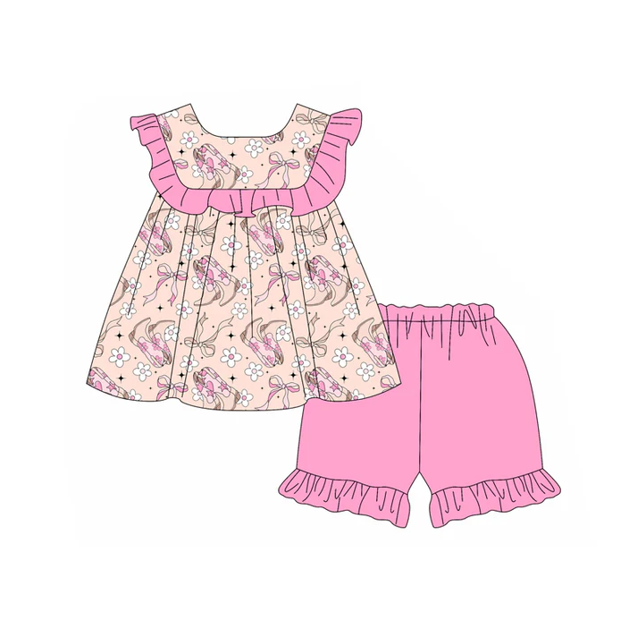 4.29 Preorder moq 5 Baby Girls Sleeveless Boots Floral Tunic Pink Ruffle Short Set