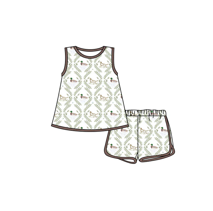 4.29 Preorder moq 5 Baby Girls Sleeveless Dogs Ducks Plaid Tunic Short Set