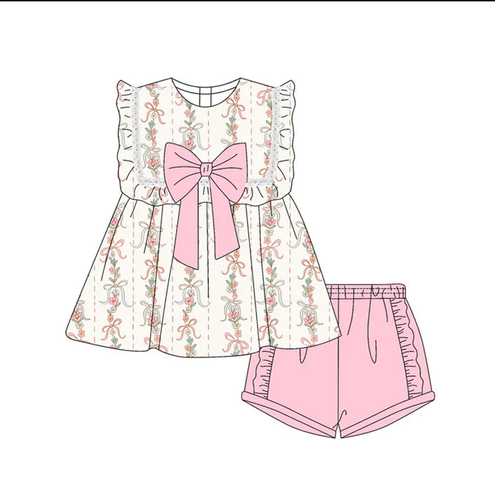 4.30 Preorder moq 5 Baby Girls Sleeveless Bows Floral Stripe Tunic Pink Ruffle Short Set