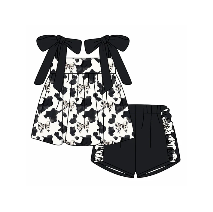 4.30 Preorder moq 5 Baby Girls Black Strap Cow Print Bows Tunic Ruffle Short Set