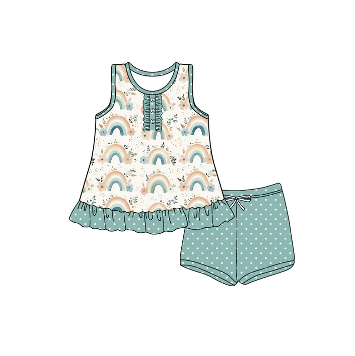 4.30 Preorder moq 5 Baby Girls Sleeveless Button Rainbows Flowers Tunic Green Polka Dots Ruffle Short Set