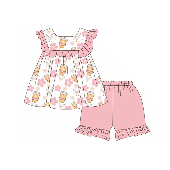 4.30 Preorder moq 5 Baby Girls Pink Sleeveless Flowers Chicks Tunic Ruffle Short Set
