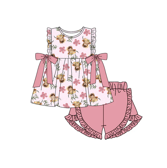 5.1 Preorder moq 5 Baby Girls Sleeveless Highland Cows Flowers Tunic Pink Ruffle Short Set