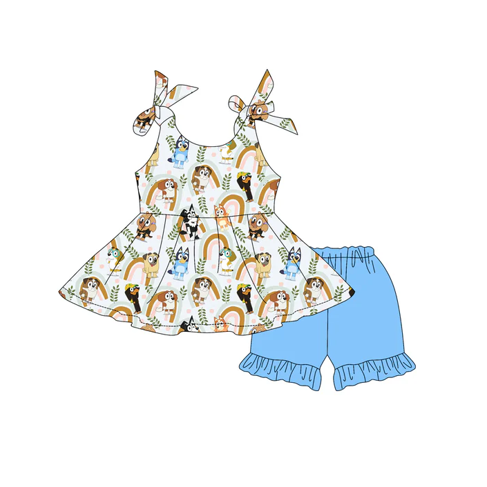 5.1 Preorder moq 5 Baby Girls Strap Cartoon Dogs Rainbows Tunic Blue Ruffle Short Set