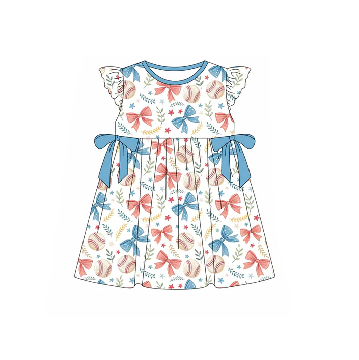 5.1 Preorder moq 5 Baby Girls Flutter Sleeves Blue Red Bows Baseballs 4th Of July Knee Length Dress