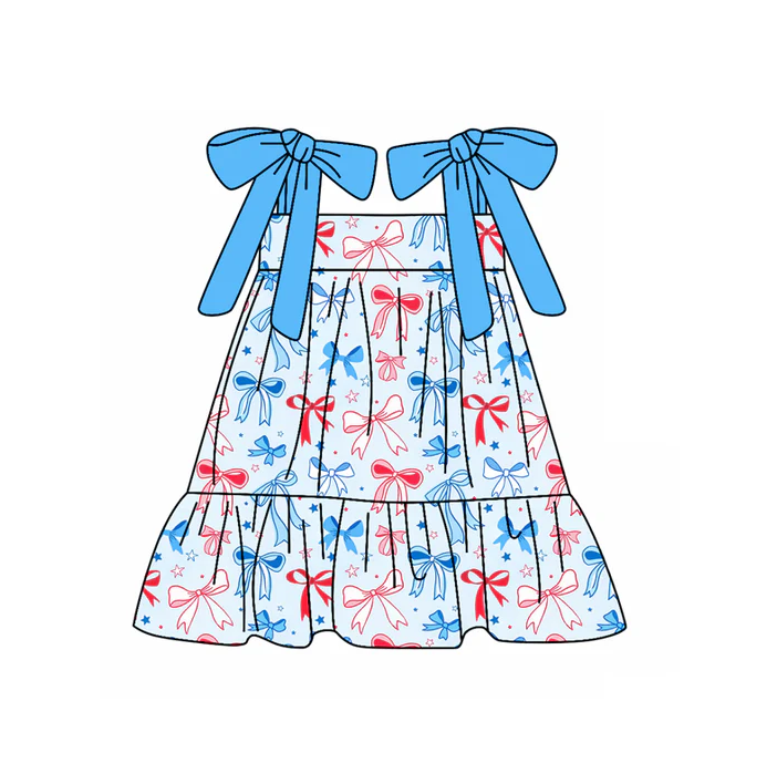 5.1 Preorder moq 5 Baby Girls Sleeveless Red Blue Bows Stars 4th Of July Knee Length Dress