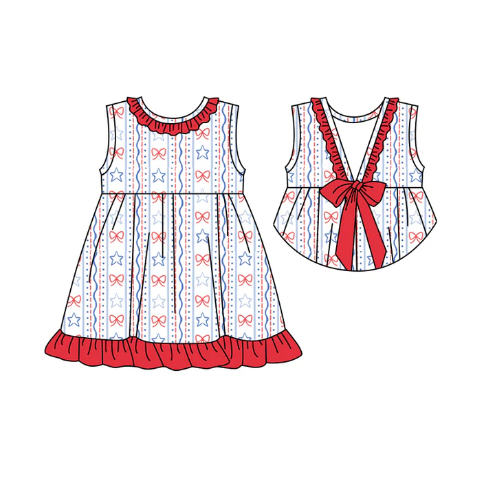 5.1 Preorder moq 5 Baby Girls Sleeveless Red Blue Bows Stars 4th Of July Knee Length Dress